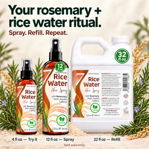 Seven Minerals Rosemary and Rice Water Hair Growth Spray 12 Fl Oz - Fermented Rice Water Mist with Biotin Caffeine Keratin - Non-Greasy Leave-In for Thicker Fuller Hair - Variation of Rosemary / 12 Fl Oz