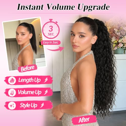 26 Inch Black Curly Wave Clip-In Ponytail Hair Extensions - Comfortable & Secure