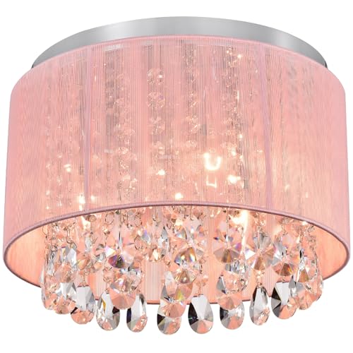 Pink Drum Flush Mount Chandelier - 3 Light Crystal Ceiling Fixture for Bedroom - 11 inch Variation