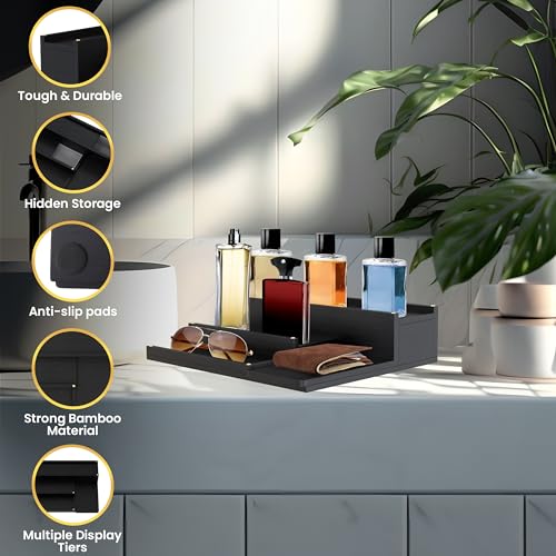 3-Tier Wooden Cologne Organizer with Hidden Drawers - Perfume & Accessory Display Shelf for Men