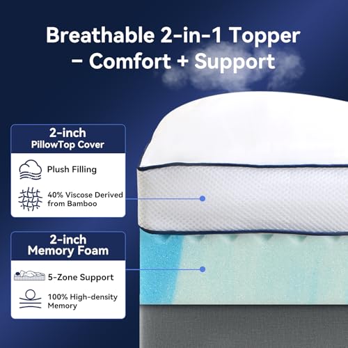 Full Dual Layer Memory Foam Mattress Topper with Cooling Gel & Pillow Top - NicePlus
