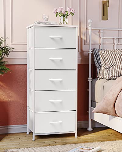 White Tall Fabric Storage Tower Organizer with 5 Drawers - Narrow Vertical Dresser