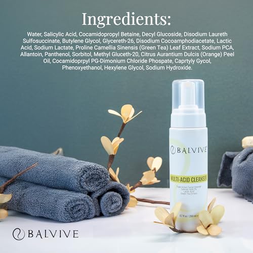 Foaming Facial Cleanser with Salicylic Acid, Glycolic Acid & Lactic Acid & Green Tea Extract? Face Wash for Acne, Oily & Sensitive Skin ? Makeup Remover & Pore-Cleansing Skincare 6.7 fl oz