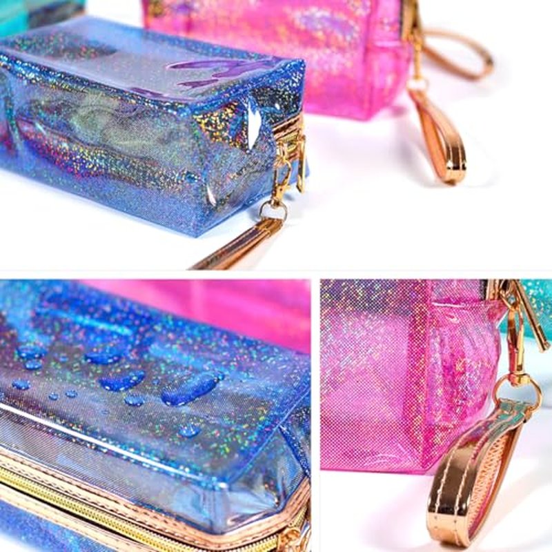 4Pcs Clear Makeup Bag Cosmetic Organizer Case Waterproof Travel Toiletry Bag with Handle, PU Makeup Bag Zipper Pouch Travel Cosmetic Bags for Women Accessories (Blue+Pink+Silver+Purple)