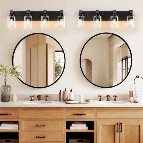 Farmhouse Black 4-Light Bathroom Vanity Light with Square Glass Shades - EvmVom