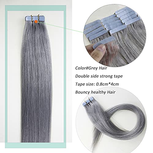 Silvery Gray Tape-In Hair Extensions 16 Inch Reusable Skin Wefts 20 Pieces