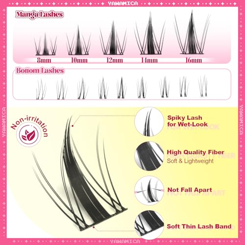Yawamica Manga Lash Clusters Kit with Bottom Lashes DIY Eyelash Extension Kit Fairy Eyelash Clusters 8-16mm Individual Lashes Clusters Wispy Cluster Lashes with Bond and Seal Remover and Lash Tweezers