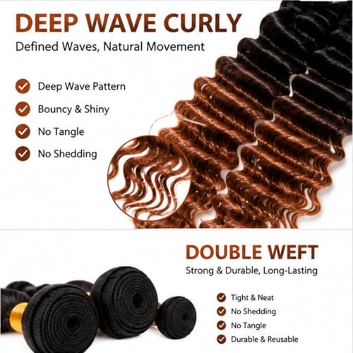 Biliisyff Ombre Deep Wave Human Hair Bundles 8-12 Inch T1B/30 Brown Variation
