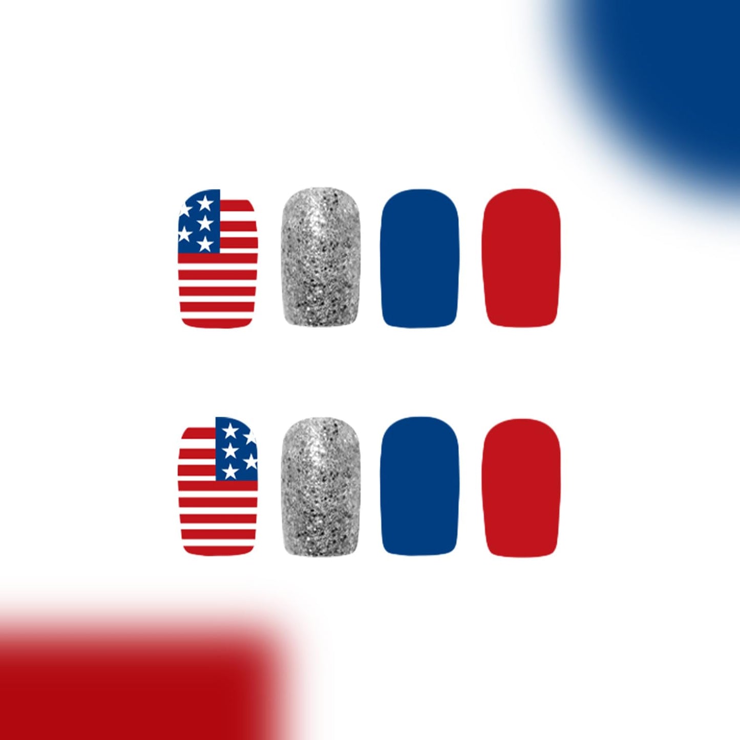 24pcs 4th of July Press on Nails Short Square American Flag Fake Nails with Designs Red Blue False Nails Silver Glitter Glue on Nails Independence Day Patriotic Full Cover Stick on Nails for Women