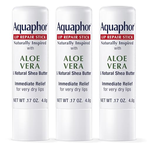 Aquaphor Naturally Inspired Lip Repair Stick with Aloe Vera and Natural Shea Butter, Hydrating Lip Balm Immediately Relieves Dryness and Soothes Chapped Lips, 0.17 Oz Stick, Pack of 3