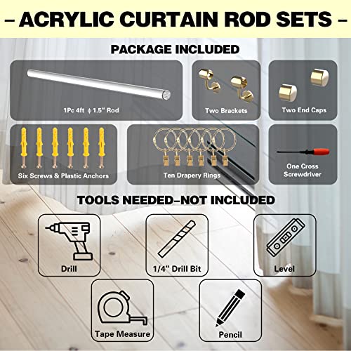 Gold 4FT Acrylic Curtain Rod Set for 48-Inch Windows - Clear Drapery Rod with Brackets