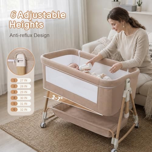 Baby Bassinet 3-in-1 Bedside Sleeper with Adjustable Height & Mesh, Khaki
