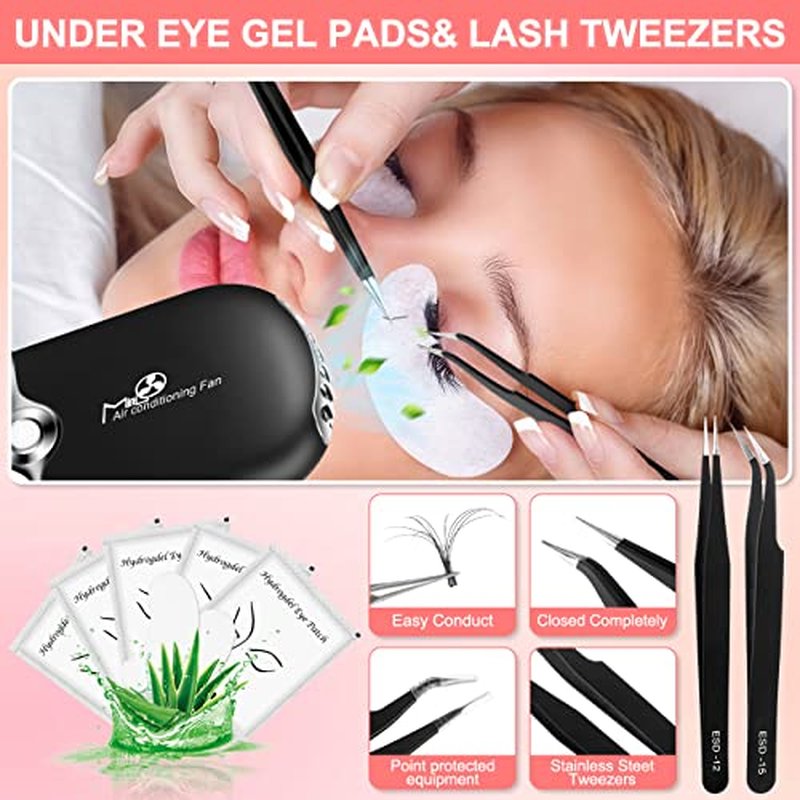 Eyelash Extension Kit - Individual Lash Extensions Supplies with 0.07D Curl Mix 8-15mm, Glue, Remover, USB Lash Fan, Tweezers, Eye Gel Pads, Micro Brushes, Mascara Brushes