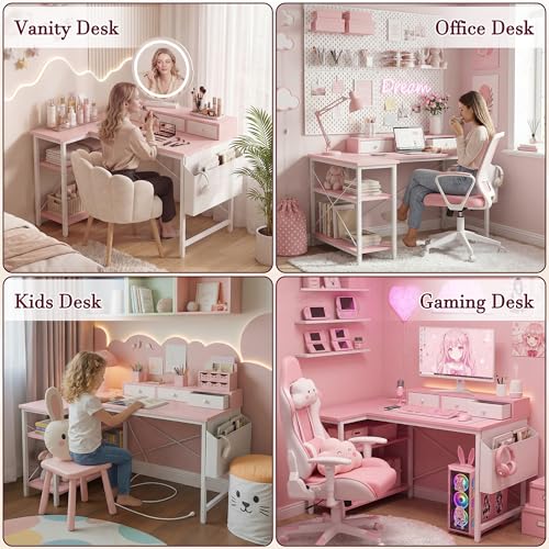 Pink 40 Inch L-Shaped Computer Desk with 3 Drawers & Power Outlets – Reversible Corner Study Table for Kids & Teens