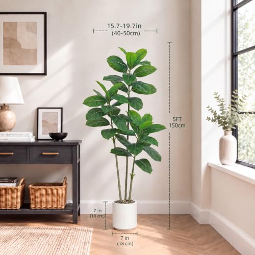 5FT Artificial Ficus Tree Indoor with White Pot - Realistic Faux Plant for Home & Office