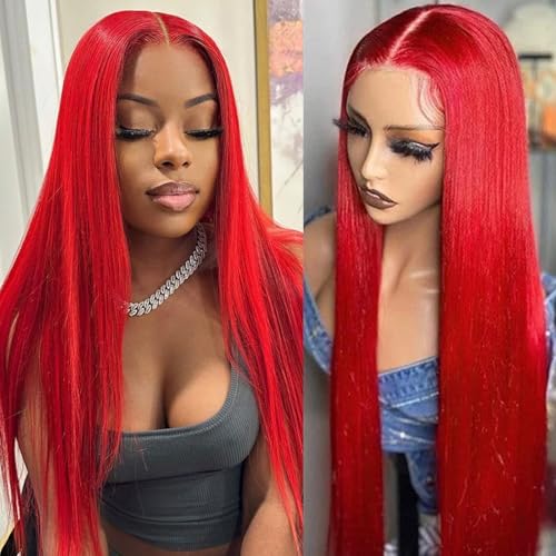 Missyvan Red Lace Front Wig 32 Inch Long Straight Synthetic Hair for Women