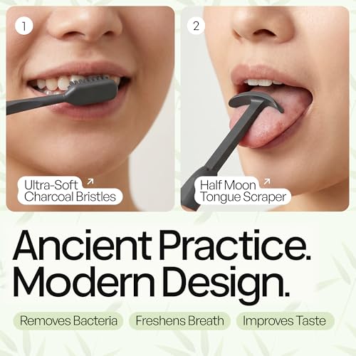 Black TOKII 2-in-1 Tongue Scraper & Toothbrush - Charcoal Soft Bristles, Travel Pouch