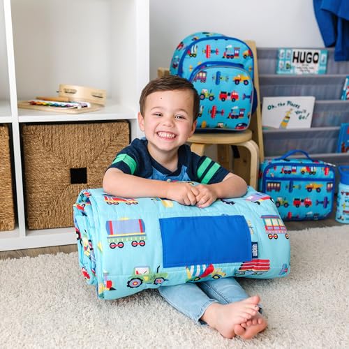 Wildkin Nap Mat with Pillow & Blanket - Trains, Planes, and Trucks Preschool Rest Mat