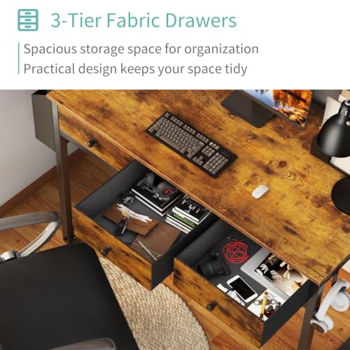 Lufeiya Rustic Brown 39.4 Inch Desk with 3 Fabric Storage Drawers for Bedroom & Home Office