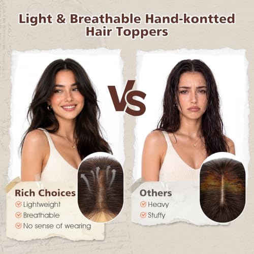 Rich Choices Human Hair Topper with Side Bangs, 11 Inch, Medium Brown Highlight Dark Blonde, Remy Toppers for Women