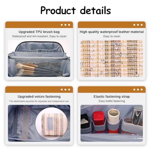 BOYATU Travel Makeup Bag for Women: Large Capacity Open Flat Make up Bag Set of 3 - Vegan Leather Cosmetic Bag with Compartments - Waterproof Toiletry Bag with Handle & Divider(I-4-Gold)