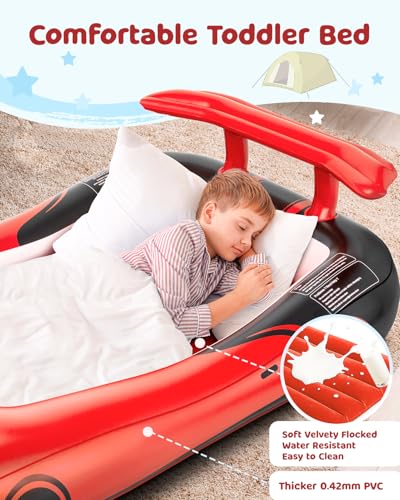 Red Inflatable Toddler Travel Bed with Safety Bumpers & Auto Pump