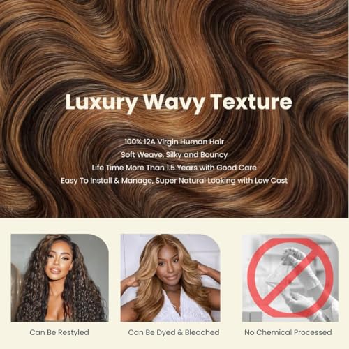 MOMOSHERO 1B/30/12in Human Hair Body Wave Bundles - Blonde Balayage Ombre, Virgin Remy, Sew-In Weave