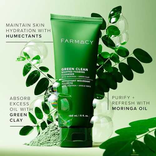 Farmacy Foaming Face Wash for Oily Skin - Whipped Greens Oil-Free Gentle Facial Cleanser & Exfoliator - Infused with Green Clay to Remove Impurities, Control Oil & Maintain Skin Hydration (50ml)