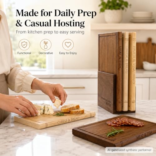 Book Shaped Cutting Board Set - 3 Walnut Boards with Stand - 1Set