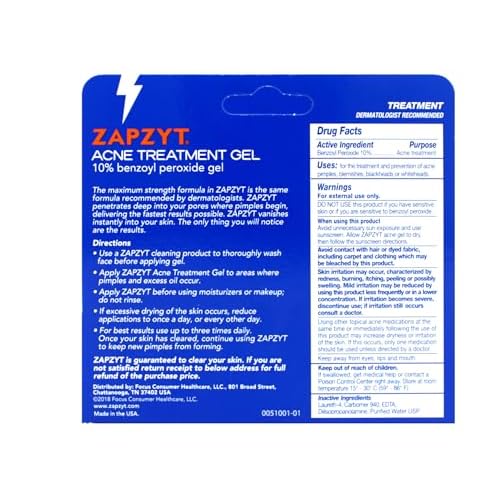 Zapzyt Acne Treatment Gel Maximum Strength 10% Benzoyl Peroxide Acne Spot Treatment 1 oz