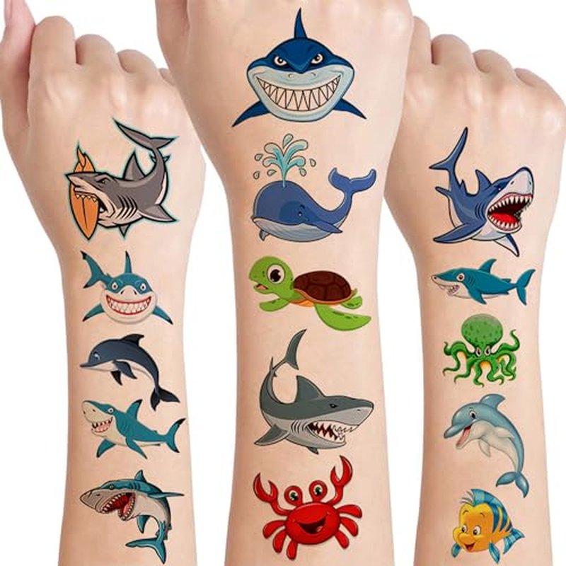 12 Sheets Ocean Animals Temporary Tattoos, Under the Sea Birthday Party Supplies Decorations Shark Dolphin Crab Fish Turtle Party Favors Sea Animal Goodie Bag Fillers School Classroom Reward Gifts