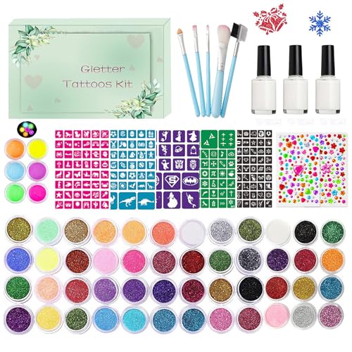 Temporary Glitter Tattoos Kit for Kids 48 Colors 6 Fluorescent 207 Stencils 2 Diamond Stickers 3 Glue 5 Brushes Arts Make Up Kit Party Christmas Halloween