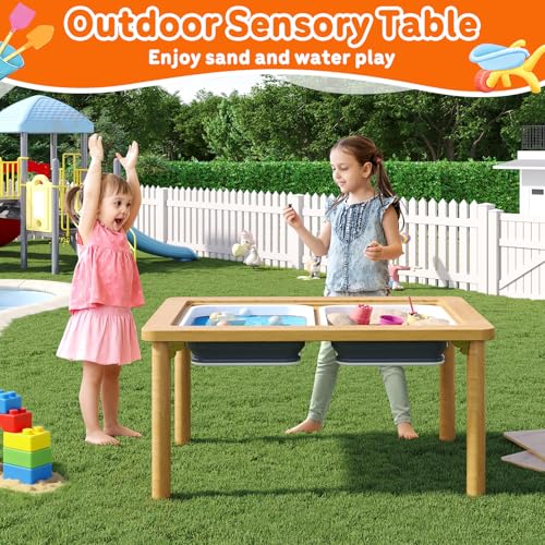 Foldable Wooden Sensory Table with 2 Bins - Indoor/Outdoor Play Set - Space-Saving Design