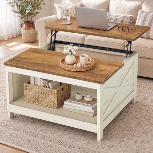 VASAGLE Lift-Top Square Coffee Table with Storage, Rustic White