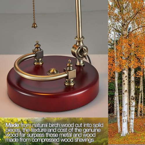 Green Banker Desk Lamp with Solid Birch Wood Base and Pull Chain Switch - Traditional Glass
