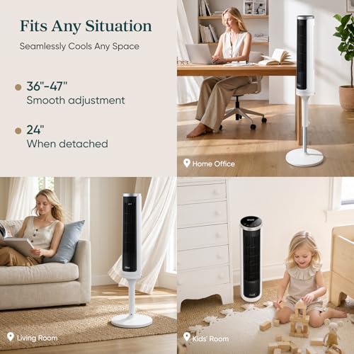 Levoit Tower Fan for Bedroom, 36-47 inch Adjustable Height with 23 ft/s Airflow - White (Variation: 36-47 inch Adjustable White)