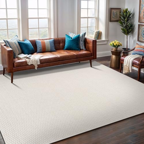 Indoor Outdoor 8x10 White Jute-Style Rug - Woven Solid Fiber Boho Carpet
