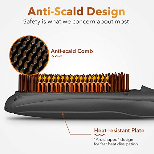 Hair Straightener Brush Ionic Hot Comb with 15 Temp & Anti-Scald - Silvery Black