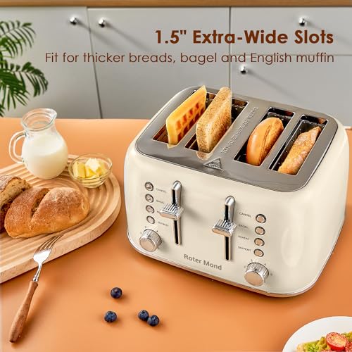 Roter Mond 4-Slice Retro Toaster with Extra Wide Slots & Dual Control - Cream White