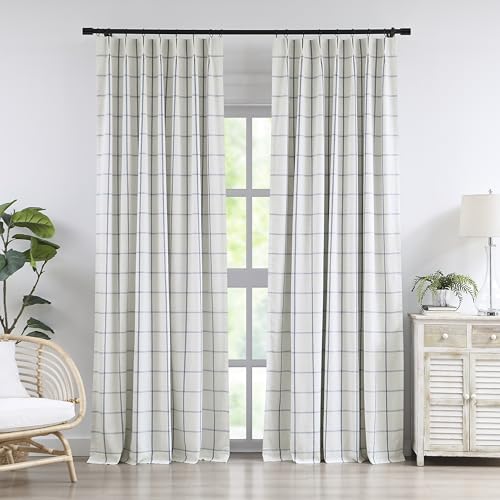 Vision Home Blue Plaid Linen Pinch Pleated Blackout Curtains 40W x 95L – Pack of 2