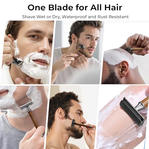 Double Edge Safety Razor: Premium Metal Single Blade Face Razor for Men & Women, Eco-Friendly Bamboo Handle & 10 Double Edge Blades - Light Brown