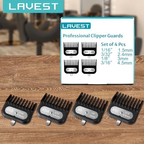 Clipper Guards Set Compatible with Most Wahl Clippers, -1/16" to 3/16", 4 Piece Set, Black Color, New Version