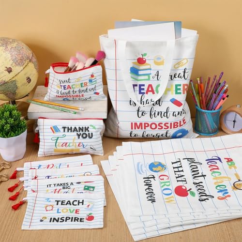Paterr 12 Pcs Christmas Teacher Appreciation Gift for Women Christmas Gifts Ideas Basket Filler Canvas Teacher Tote Bag with Makeup Bag Notebook Style for Office School Classroom Supplies