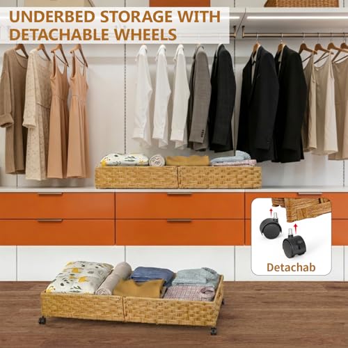 Gvztxoe 2-Pack Large Under Bed Storage Containers with Wheels, Handwoven Rattan Bins for Clothes & Bedding