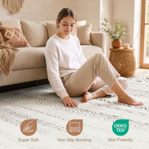 Cotiled Boho 8x10 Area Rug - Washable Moroccan Style with Neutral Light Brown/Cream