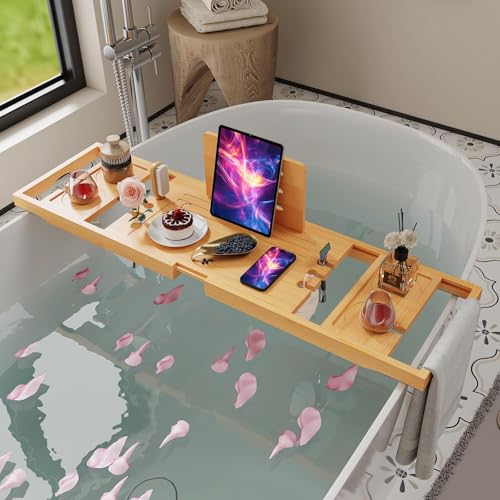 Wooden Bathtub Caddy Tray with Adjustable Slots for Wine Phone Candle Spa