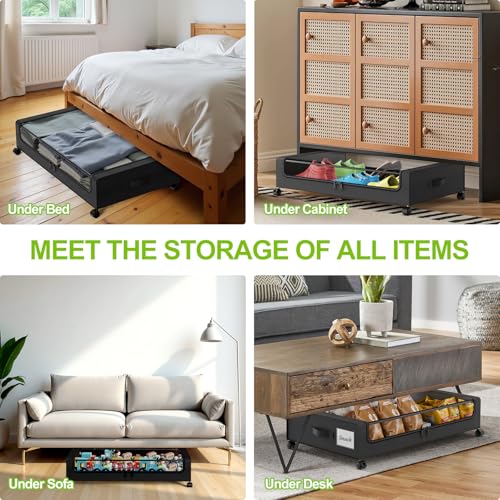 Under Bed Storage Containers with Wheels - 4 Pack, Clear Lids, Black