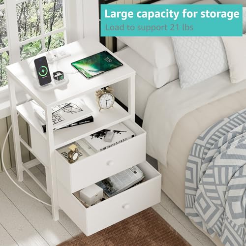 White Nightstand with Charging Station, LED Lights & Fabric Drawers