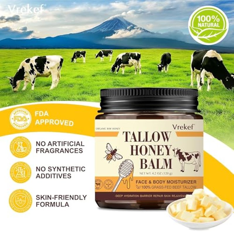 Beef Tallow for Skin (4.2 oz)? Tallow and Honey Balm for Face & Body ? Grass-Fed Tallow with Beeswax, Sea Buckthorn Oil, Shea Butter, Vitamin E ? Natural Moisturizer