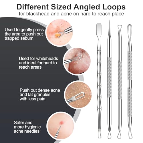 Silver Blackhead Remover Kit 11Pcs with Magnifying Glass & Alcohol Pads - Acne Extraction Tools